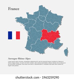 Detailed vector map country France divide regions. Region Auvergne French Alpes template background, pattern, report, infographic, element. Europe nation silhouette sign concept