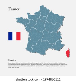 Detailed vector map country France divide regions. Region island Corsica template background, pattern, report, infographic, element. Europe nation silhouette sign concept