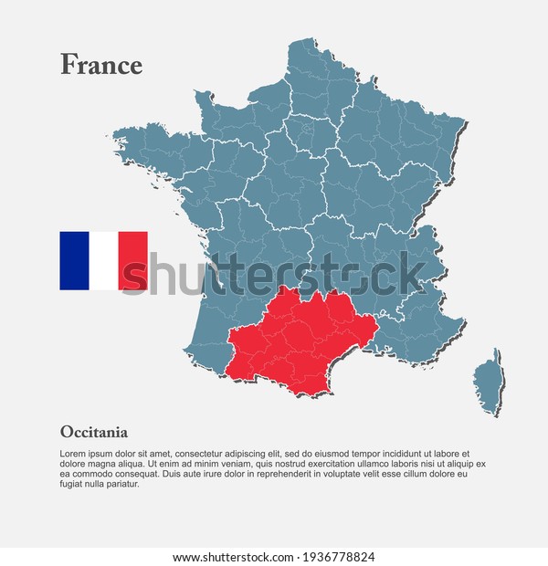 Detailed vector map country\
France divide regions. Region Occitania template background,\
pattern, report, infographic, element. Europe nation silhouette\
sign concept