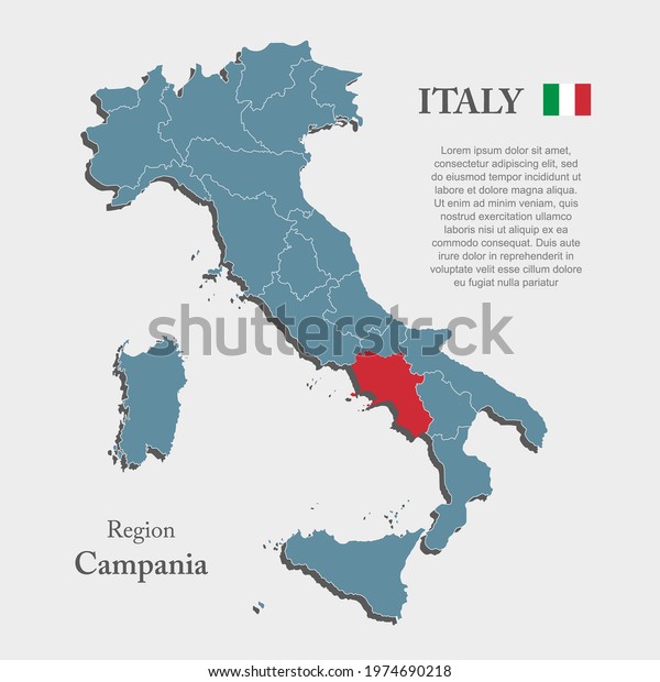 Detailed vector map country Italy
divide regions. Region Campania template background, pattern,
report, infographic, element. Europe nation silhouette sign
concept
