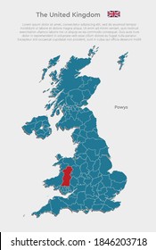 El Reino Unido divide las regiones aisladas en segundo plano. La plantilla de Gran Bretaña, el informe, la infografía, el fondo. Región de Inglaterra Powys