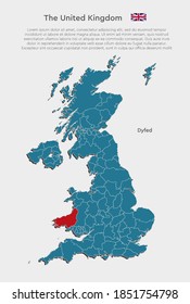 Detailed vector map country The United Kingdom divide on regions isolated on background. The Great Britain template, report, infographic, backdrop. England region Dyfed