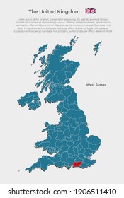 El Reino Unido divide las regiones aisladas en segundo plano. La plantilla de Gran Bretaña, el informe, la infografía, el fondo. Región de Inglaterra Región de Sussex Occidental