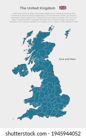 Detailed vector map country The United Kingdom divide on regions isolated on background. The Great Britain template, report, infographic, backdrop. England region Tyne and Wear