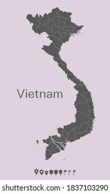 Detailed vector map country Vietnam divided on regions isolated on background. Template concept for travel, pattern, report, infographic, backdrop. Asia abstract silhouette sign.