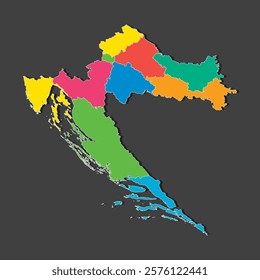 Detailed vector map Croatia divided on regions isolated in the background. Template Europe country for pattern, infographic, design, illustration. Concept outline of administrative divisions Croatia