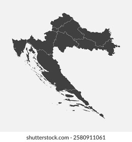 Detailed vector map Croatia divided on regions isolated in background. Template Europe country for pattern, infographic, design, illustration. Concept outline of administrative divisions Croatia