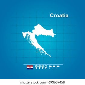  Detailed vector map of Croatia. Name country, flag and pointer. Flat vector illustration.