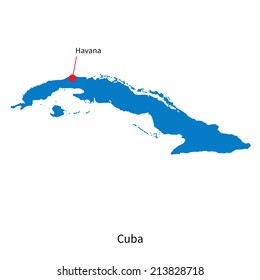 Detailed vector map of Cuba and capital city Havana