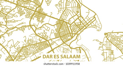 Detailed vector map of Dar es Salaam in gold with title, scale 1:30 000, Tanzania