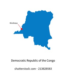 Detailed vector map of Democratic Republic of the Congo and capital city Kinshasa