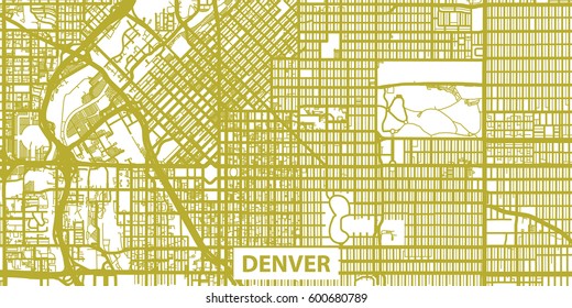 Detailed vector map of Denver in gold with title, scale 1:30 000, USA