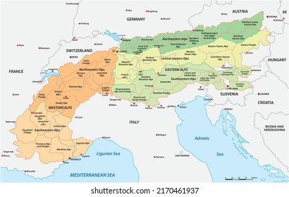 Detailed Vector Map Division Of European Alps