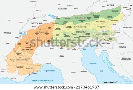 detailed vector map division of european alps