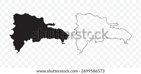 Detailed vector map of the Dominican Republic in solid black fill and outline versions