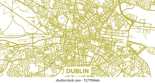 Detailed vector map of Dublin in gold with title, scale 1:30 000, Ireland