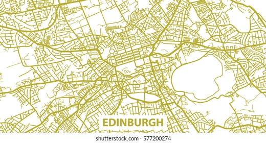 Detailed vector map of Edinburgh in gold with title, scale 1:30 000, Scotland