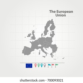 Detailed vector map of European Union. Name country, flag and pointer. Flat vector illustration.