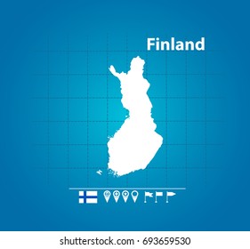  Detailed vector map of Finland. Name country, flag and pointer. Flat vector illustration.
