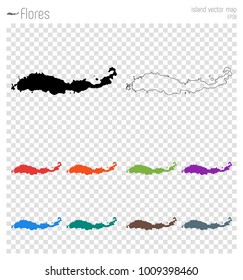 Detailed vector map of Flores island, Indonesia, with black outline and color variations.
