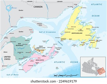 Detailed vector map of the four Canadian maritime provinces