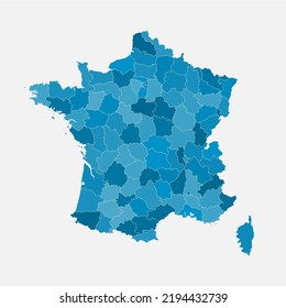 Detailed vector map France divided on regions isolated on background. Template Europe country for pattern, infographic, design, illustration. Concept outline of administrative divisions France