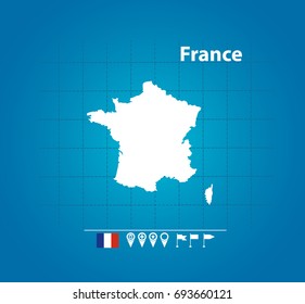  Detailed vector map of France. Name country, flag and pointer. Flat vector illustration.