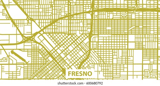 Detailed vector map of Fresno in gold with title, scale 1:30 000, USA