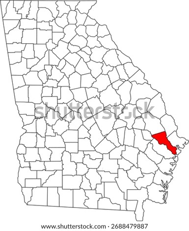 Detailed vector map of Georgia highlighting Bryan County, a southeastern coastal territory near Savannah, experiencing rapid growth and containing portions of the Fort Stewart military reservation.

