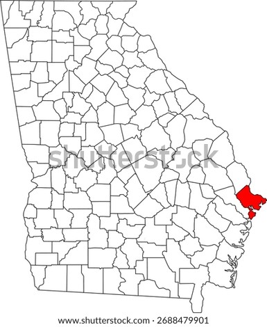 Detailed vector map of Georgia highlighting Chatham County, the core southeastern coastal territory containing the historic city of Savannah and its major international port facilities.

