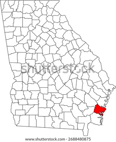 Detailed vector map of Georgia highlighting Glynn County, a southeastern coastal territory centered on Brunswick, known for its port, tourism, and the Golden Isles barrier islands.

