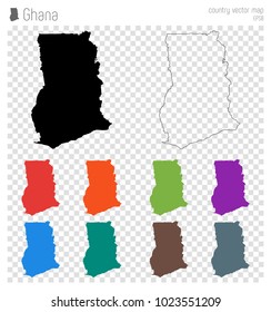 Detailed vector map of Ghana with isolated black outline, highlighting borders.