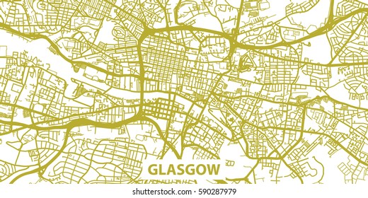 Detailed vector map of Glasgow in gold with title, scale 1:30 000, Scotland
