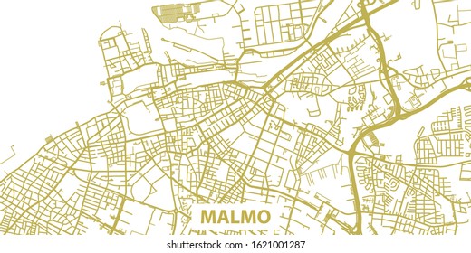 Detailed vector map of Malmö in gold with title, scale 1:10 000, Sweden