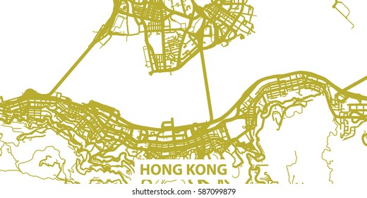 Detailed vector map of Hong Kong in gold with title, scale 1:30 000, Hong Kong