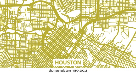 Detailed vector map of Houston in gold with title, scale 1:30 000, USA