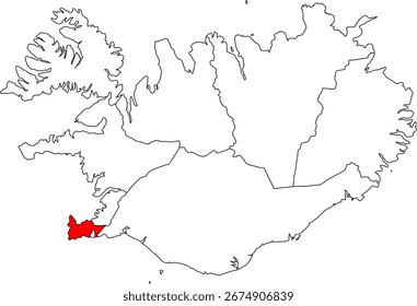 A detailed vector map of Iceland highlighting the Suðurnes (Southern Peninsula) region. Ideal for tourism, demographic, and geological studies and reports.

