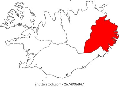 A detailed vector map of Iceland highlighting the Austurland (Eastern Region). Ideal for tourism, geological, and demographic reports and presentations.

