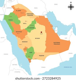 Mapa detalhado do vetor ilustrando as províncias administrativas da Arábia Saudita, incluindo sua capital Riad, e países vizinhos com rótulos claros.