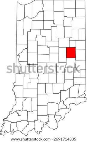 Detailed vector map of Indiana highlighting Delaware County, an East Central Indiana territory centered on Muncie, renowned as the home of Ball State University.
