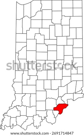 Detailed vector map of Indiana highlighting Clark County, a key Southeastern Indiana territory centered on Jeffersonville, located directly across the Ohio River from Louisville, Kentucky.