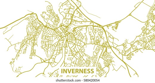 Detailed vector map of Inverness in gold with title, scale 1:30 000, Scotland