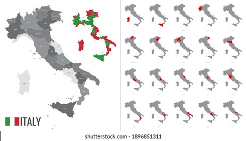 Detailed vector map of Italy regions with country flag