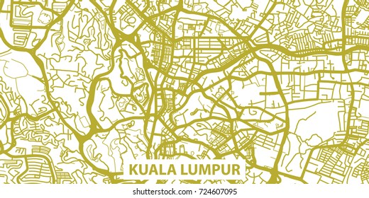 Detailed vector map of Kuala Lumpur in gold with title, scale 1:30 000, Malaysia