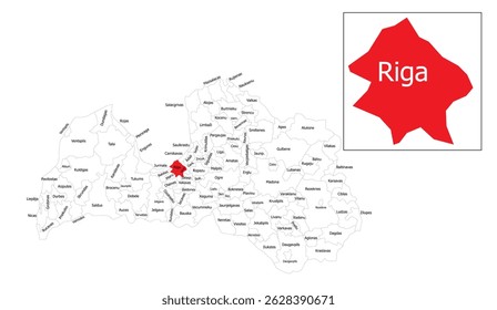 Detailed Vector Map of Latvia with Highlighted Riga Region, Precise Geographic Borders and Clear Labeling, Ideal for Educational Materials and Cartographic Projects