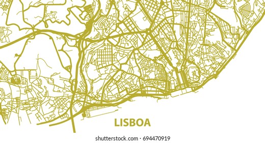 Detailed vector map of Lisboa in gold with title, scale 1:30 000, Portugal