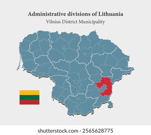 Detailed vector map Lithuania administrative division - Vilnius District Municipality. Template map background, pattern, infographic. Administrative part of Europe country Lithuania divided on regions