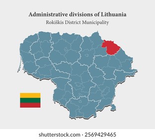 Detailed vector map Lithuania administrative division - Rokiskis District Municipality. Template map background, pattern infographic. Administrative part of Europe country Lithuania divided on regions