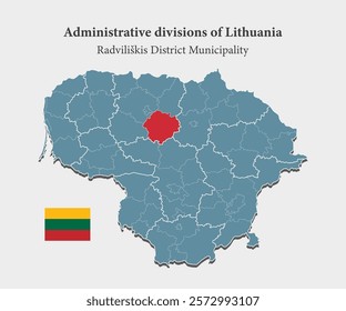 Detailed vector map Lithuania administrative division - Radviliskis District Municipality. Template map background, pattern, infographic. Administrative part of Europe country Lithuania divided 