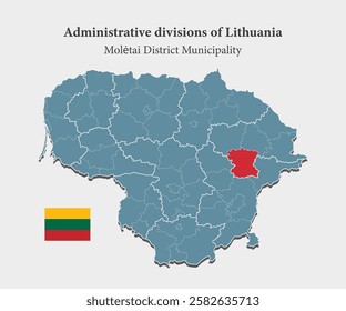 Detailed vector map Lithuania administrative division - Moletai District Municipality. Template map background, pattern, infographic. Administrative part of Europe country Lithuania divided on regions